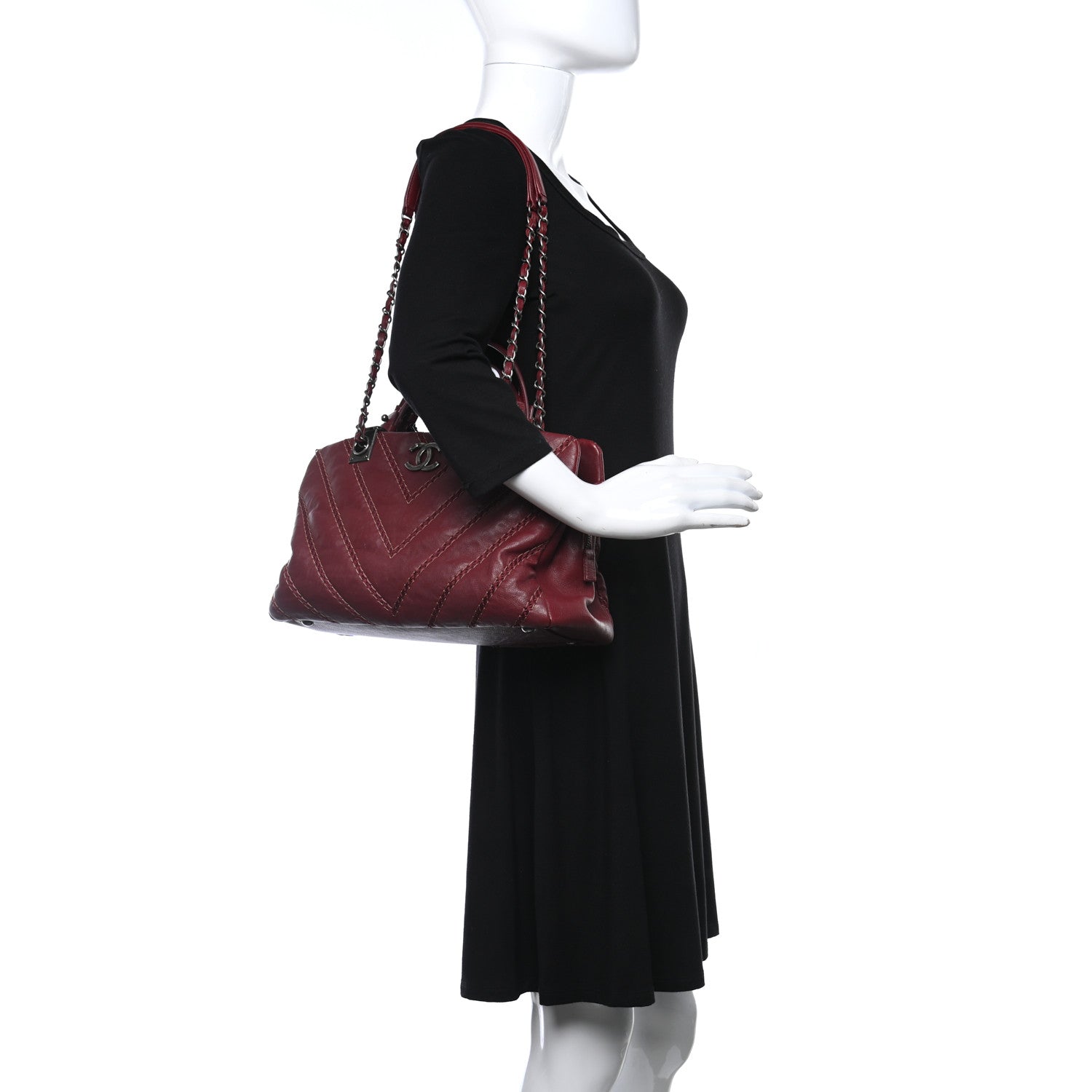 Chanel Calfskin Chevron Stitched Shopping Bag Dark Red 2 of 9