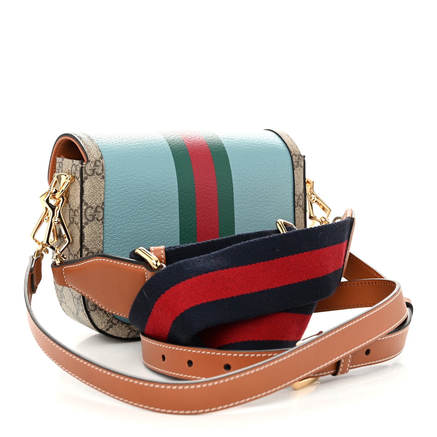 X DANS LE VERT Textured Dollar Calfskin GG Supreme Monogram Web Mini Horsebit 1955 Shoulder Bag Dusty Azure Beige Ebony