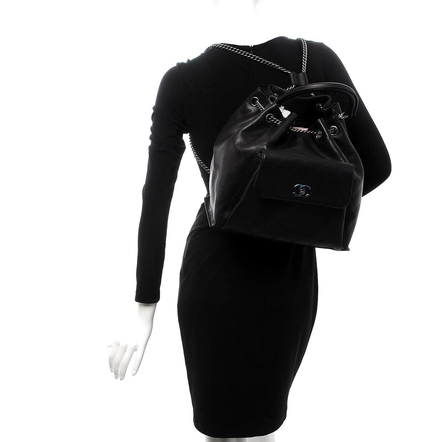 Calfskin Stitched Large Urban Luxury Drawstring Backpack Black