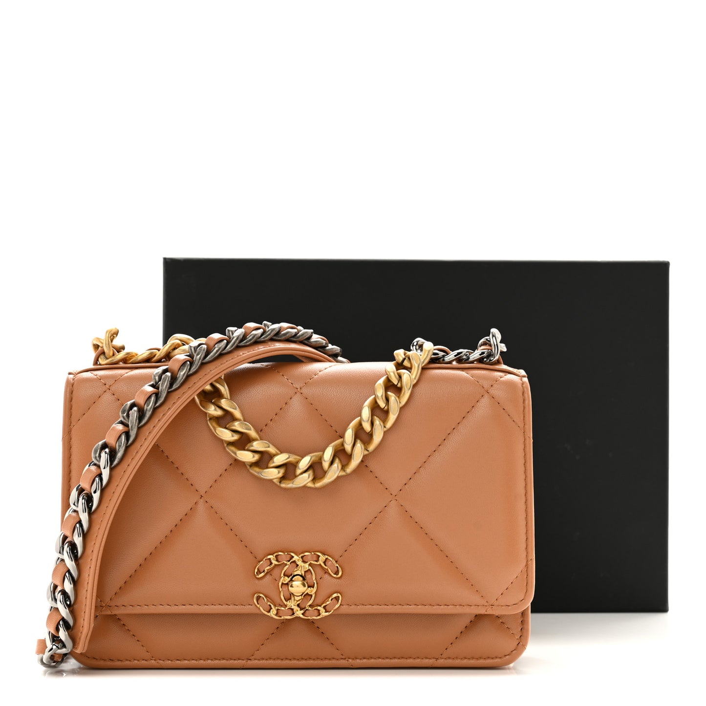 Lambskin Quilted Chanel 19 Wallet On Chain WOC Brown