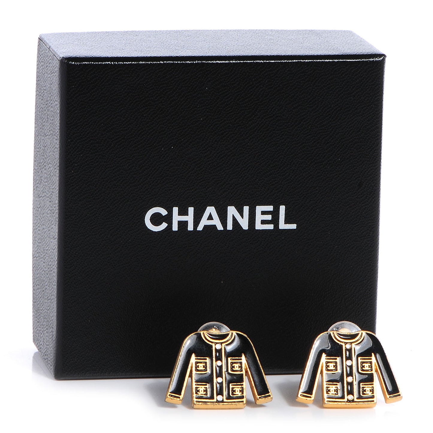 Enamel CC Jacket Clip On Earrings Black Gold