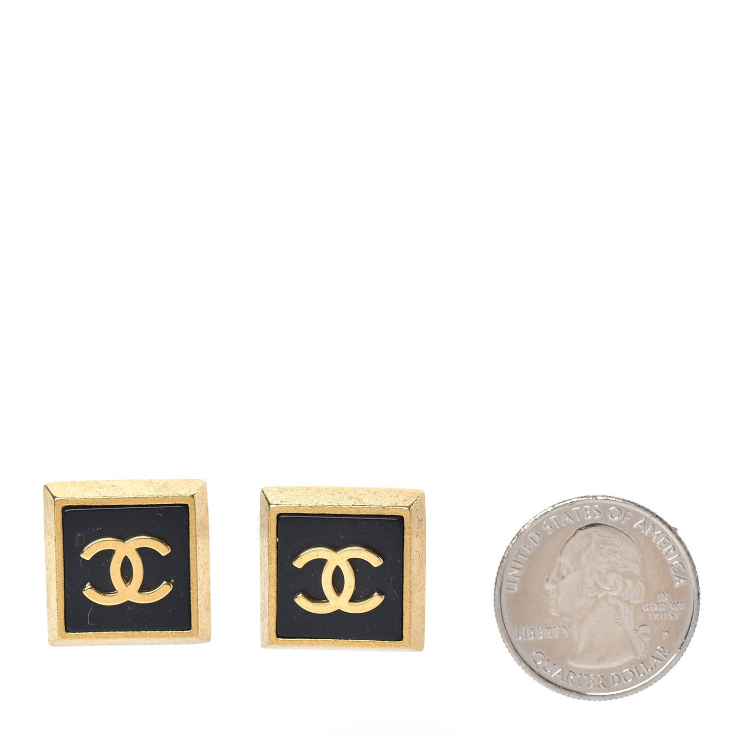 Metal CC Square Clip On Earrings Black Gold