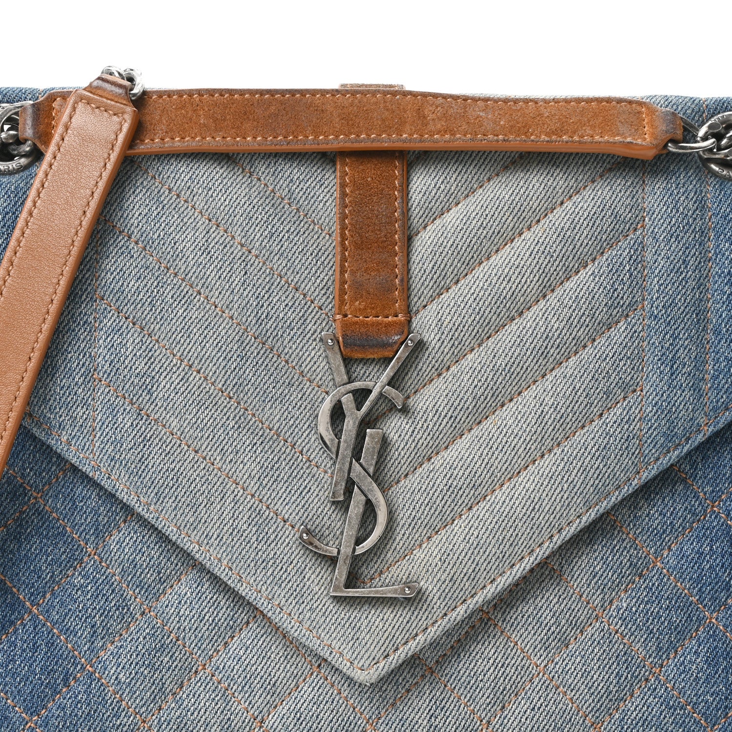Saint Laurent Denim Mixed Matelasse Triquilt Medium Monogram Envelope Satchel Blue 7 of 9