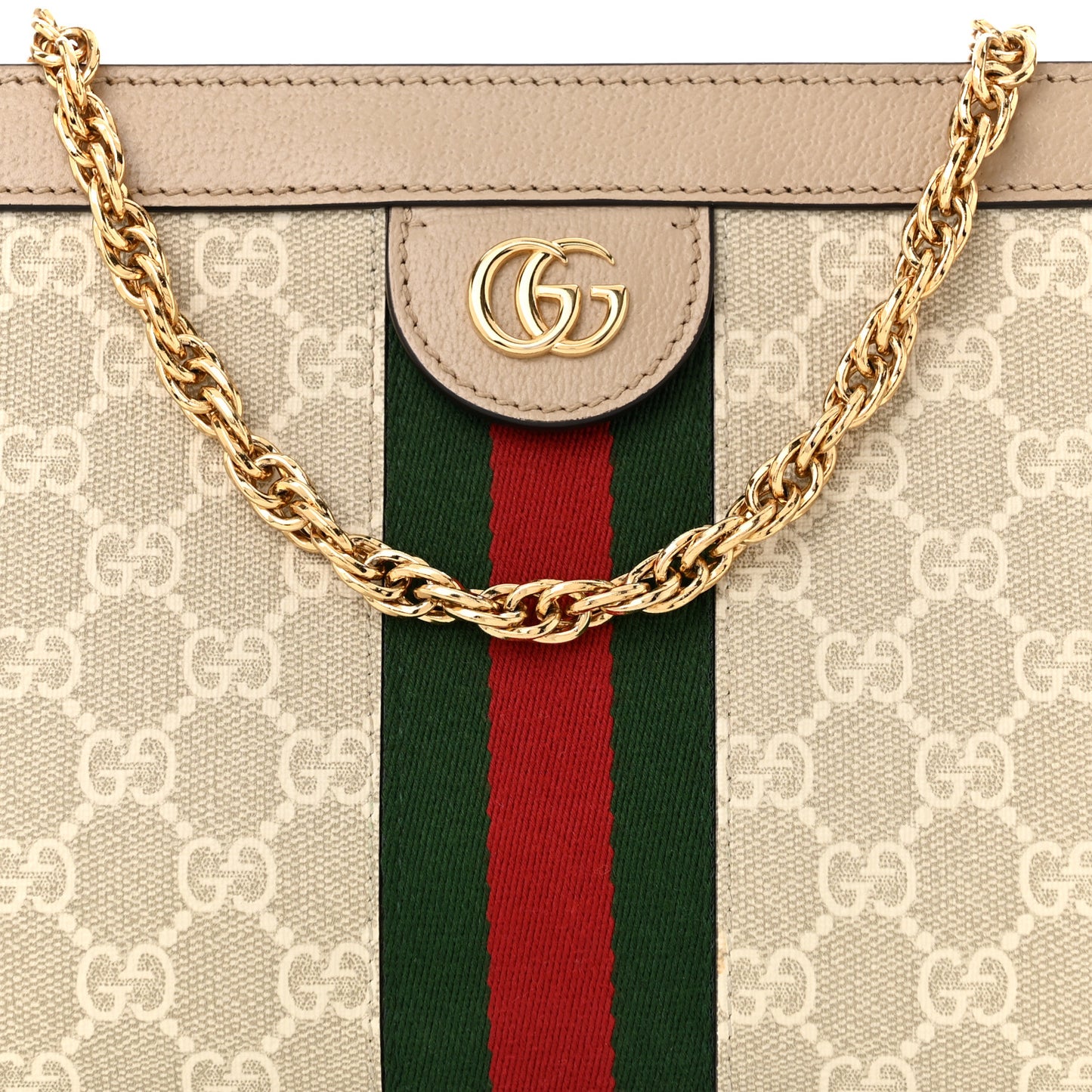 GG Supreme Monogram Textured Dollar Calfskin Web Small Ophidia Chain Shoulder Bag Beige Mystic White Oatmeal