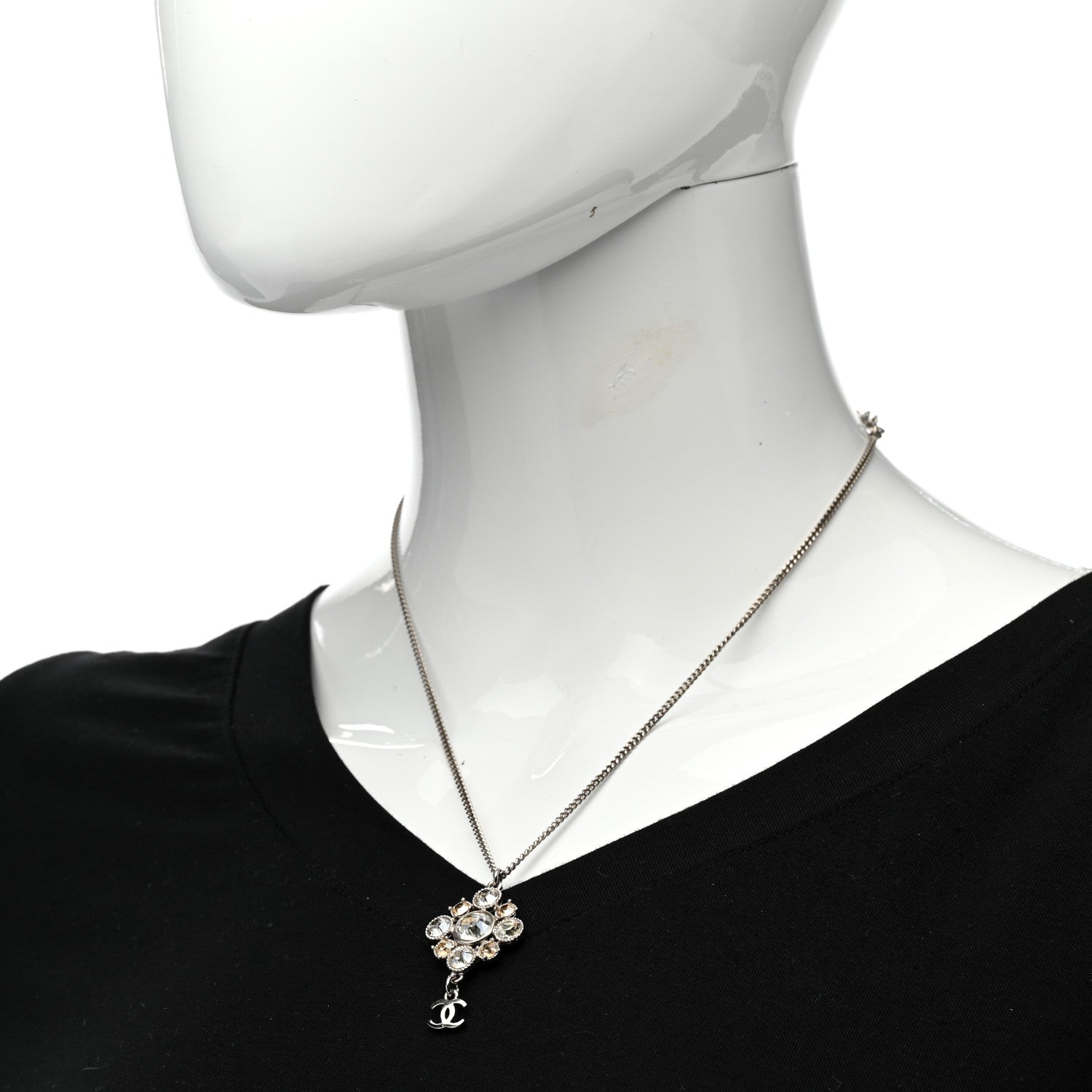 Chanel Crystal CC Drop Pendant Necklace Silver 2 of 6