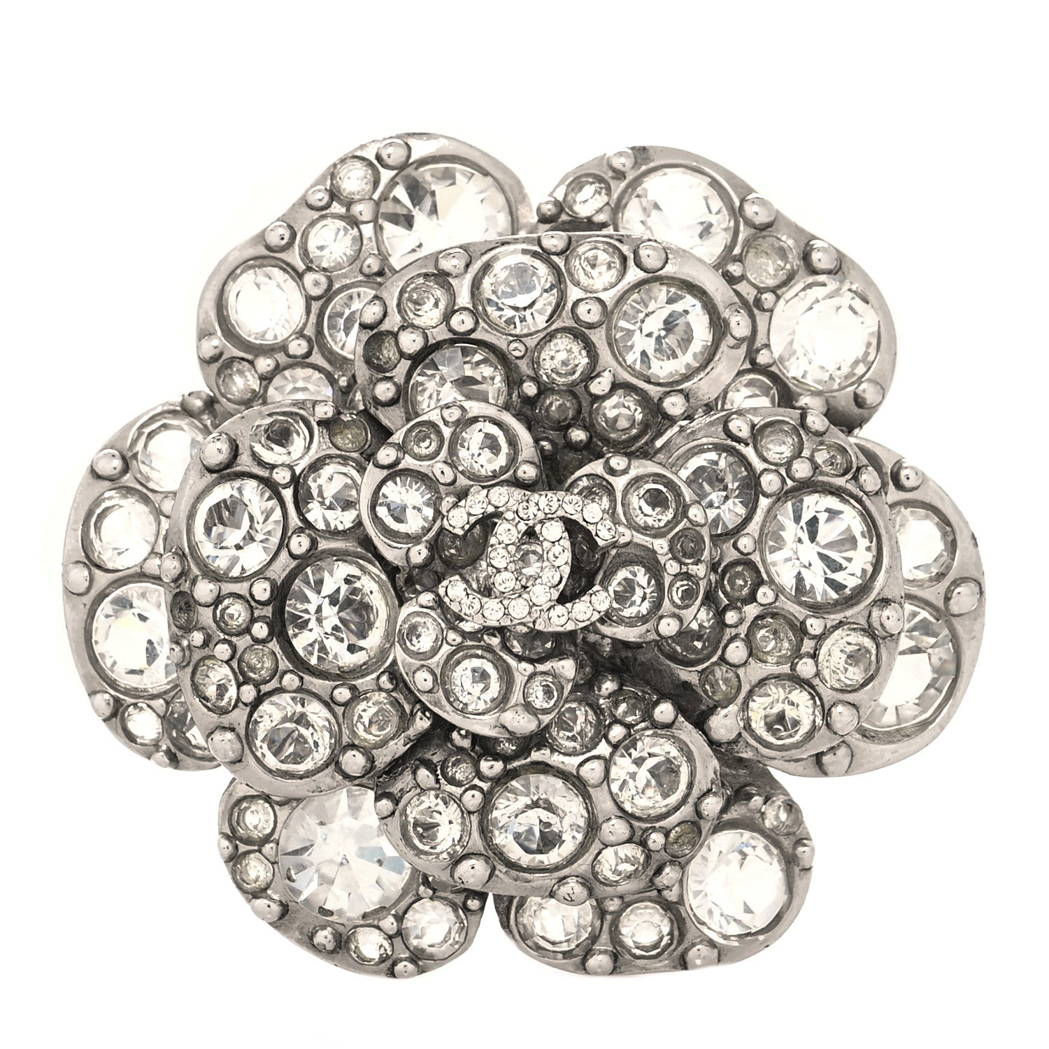 Chanel Swarovski Crystal Camellia CC Brooch Silver 1 of 4
