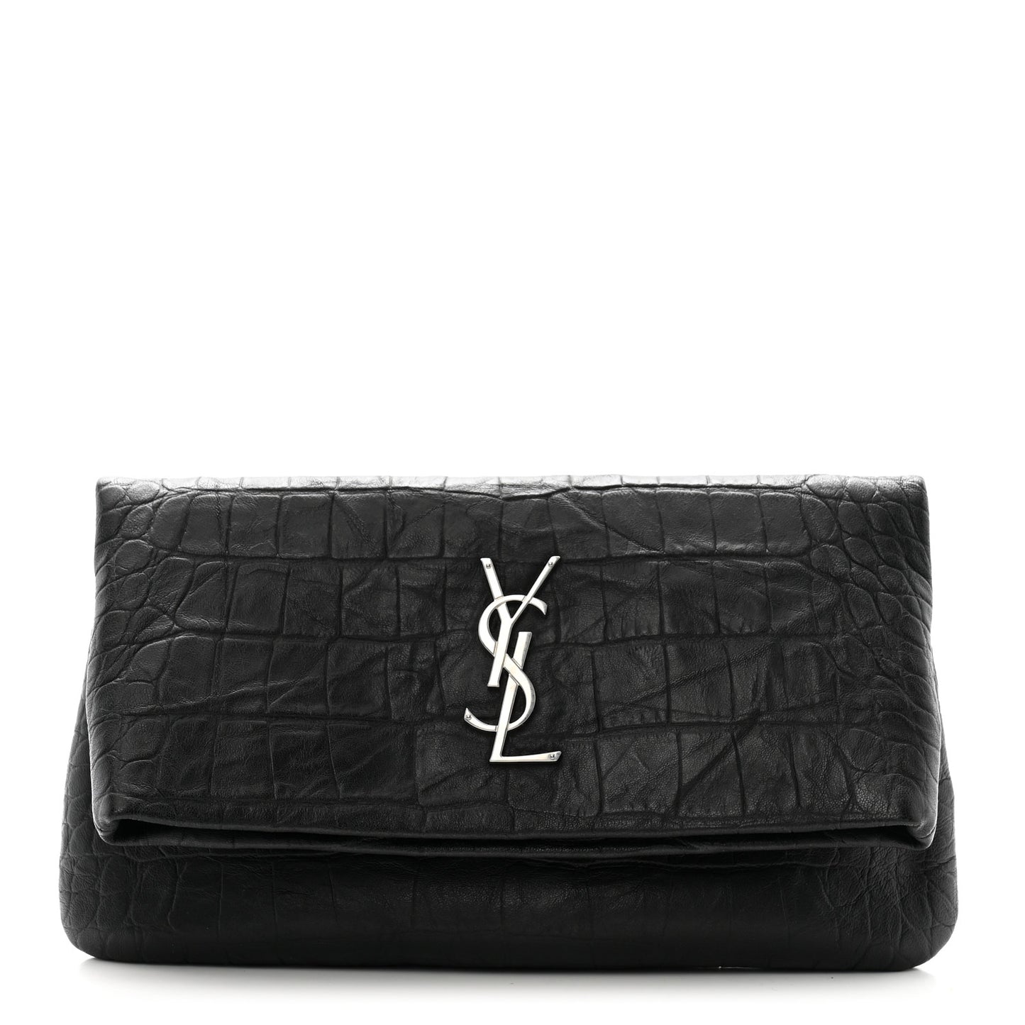 Calfskin Crocodile Embossed West Hollywood Monogram Fold Over Clutch Black