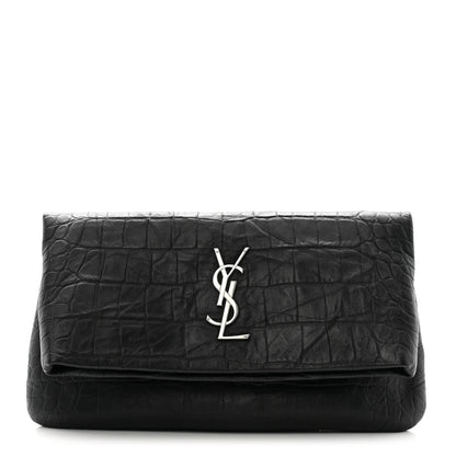 Saint Laurent Calfskin Crocodile Embossed West Hollywood Monogram Fold Over Clutch Black 1 of 6