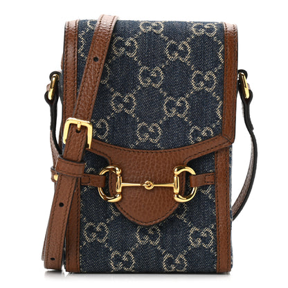 Gucci New Denim GG Monogram Dollar Calfskin Mini Horsebit 1955 Crossbody Bag Blue Tea Cuir Epilog 1 of 10