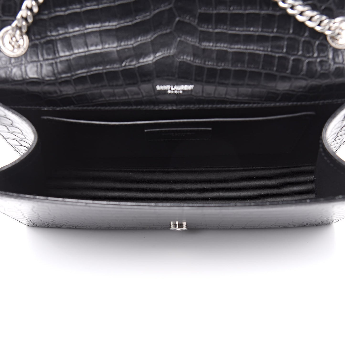 Calfskin Crocodile Embossed Large Classic Monogram Kate Satchel Black