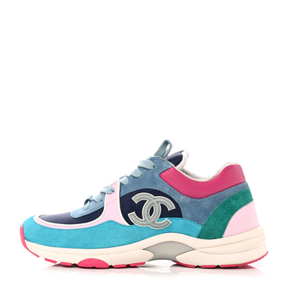 Chanel Nylon Calfskin Suede CC Sneakers 41 Navy Turquoise 1 of 10