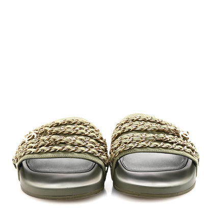 Chanel Canvas Chain Flat Sandals 39 Khaki 3 of 10