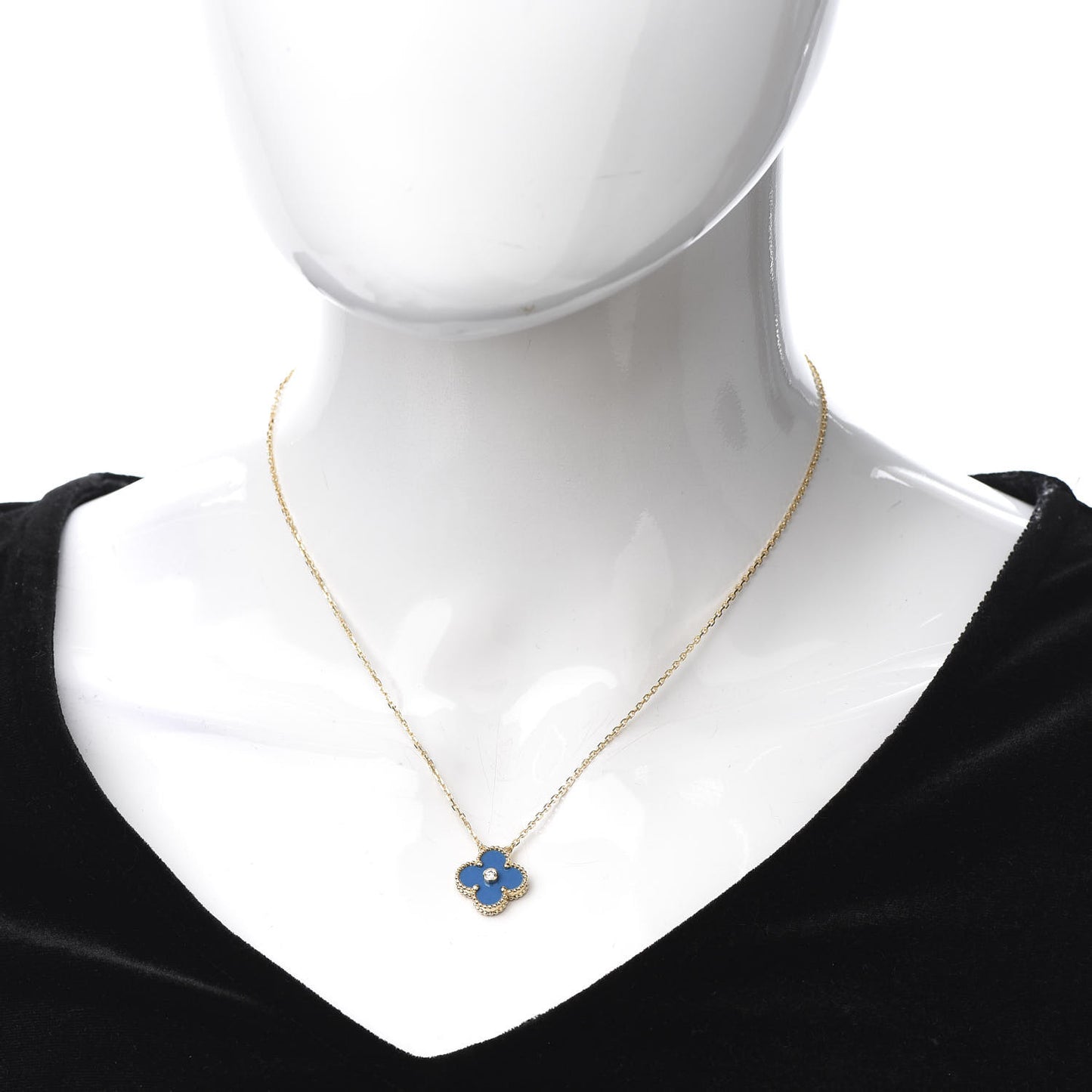 18K Yellow Gold Diamond Celestial Blue Sevres Porcelain Vintage Alhambra Pendant Necklace