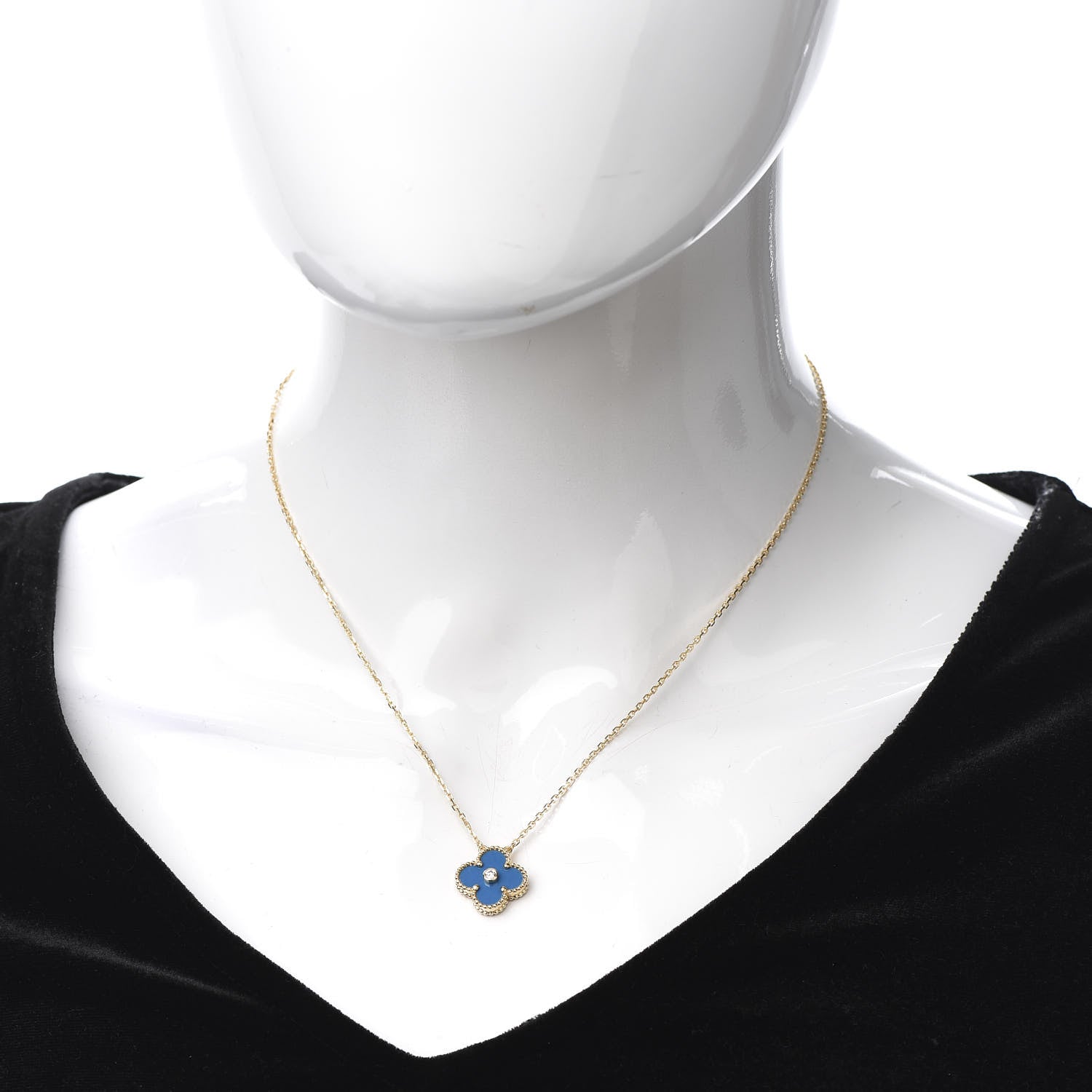 Van Cleef & Arpels 18K Yellow Gold Diamond Celestial Blue Sevres Porcelain Vintage Alhambra Pendant Necklace 2 of 7