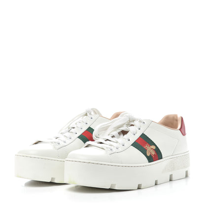 Gucci Calfskin Web Bee Embroidered Womens Ace Platform Sneakers 39.5 White 2 of 14
