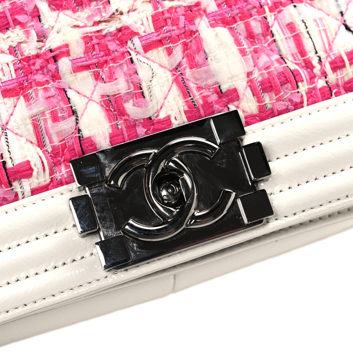 Patent Tweed Medium Boy Flap White
