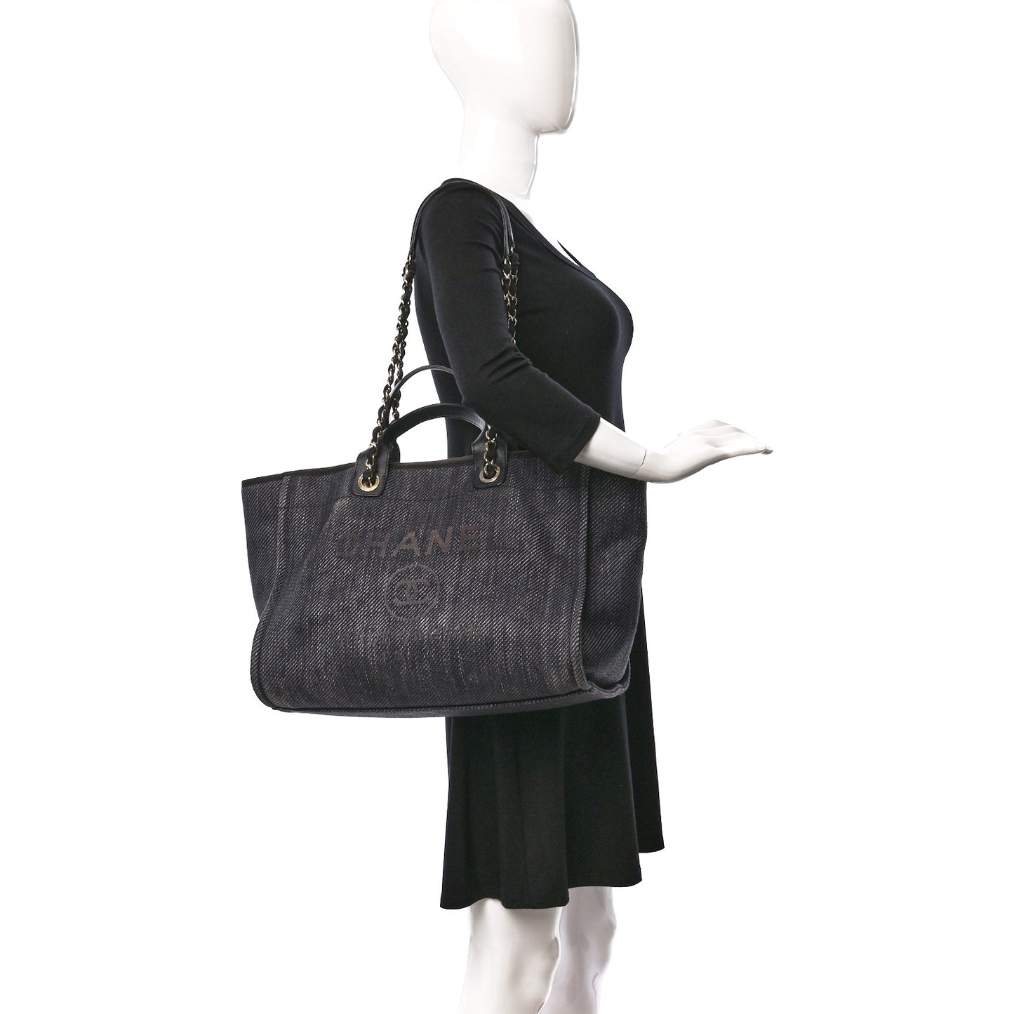 Woven Straw Raffia Medium Deauville Tote Black