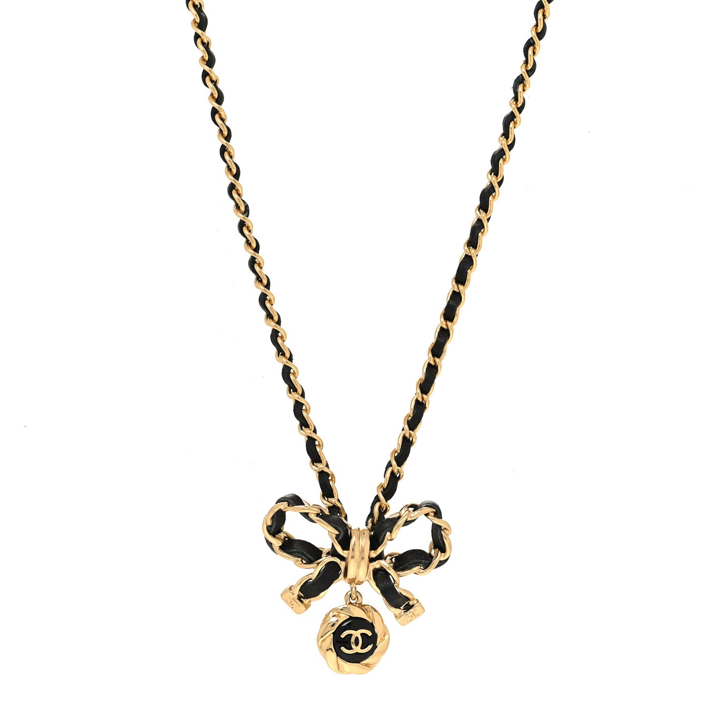 Metal Lambskin Chain CC Bow Necklace Black Gold