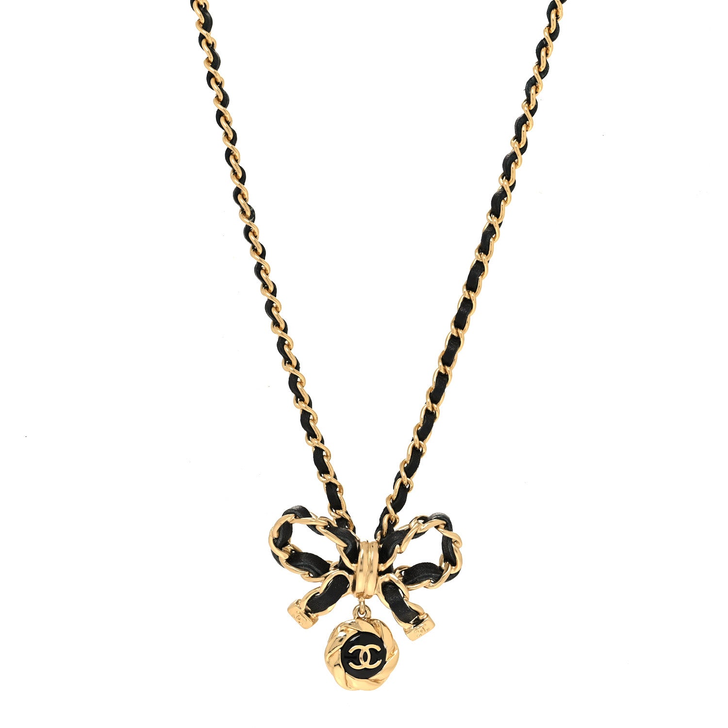 Chanel Metal Lambskin Chain CC Bow Necklace Black Gold 1 of 5