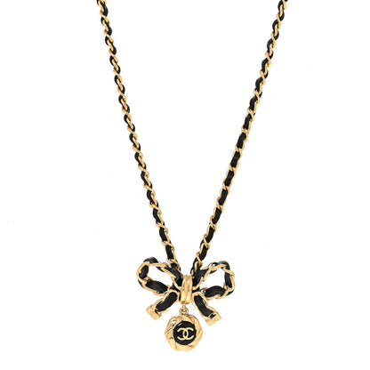 Chanel Metal Lambskin Chain CC Bow Necklace Black Gold 1 of 5