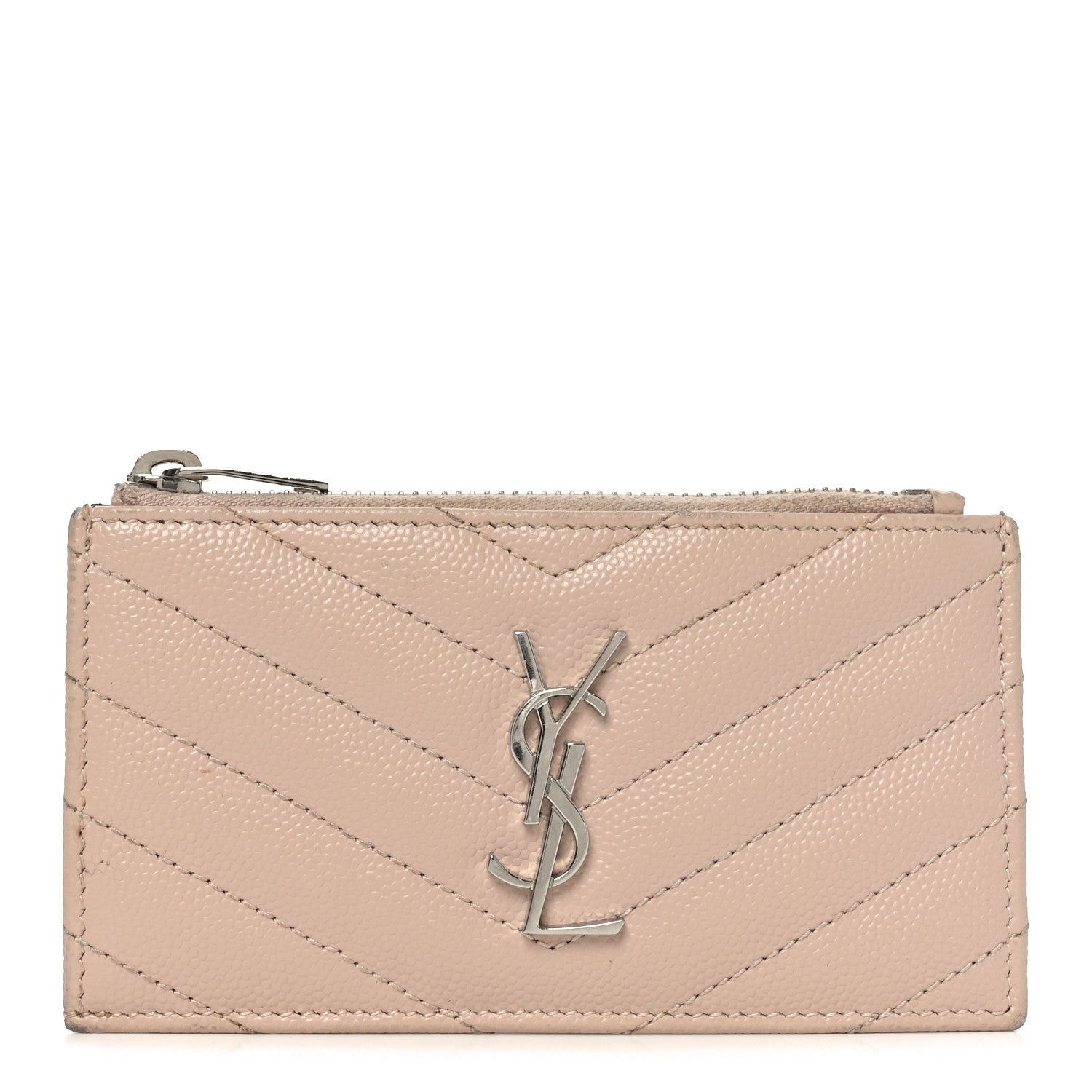 Saint Laurent Grain De Poudre Matelasse Chevron Monogram Fragments Zippered Card Case Marble Pink 1 of 9