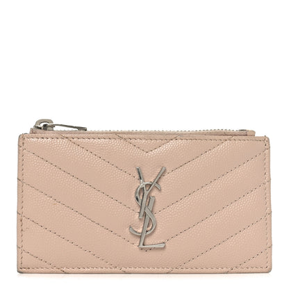 Saint Laurent Grain De Poudre Matelasse Chevron Monogram Fragments Zippered Card Case Marble Pink 1 of 9