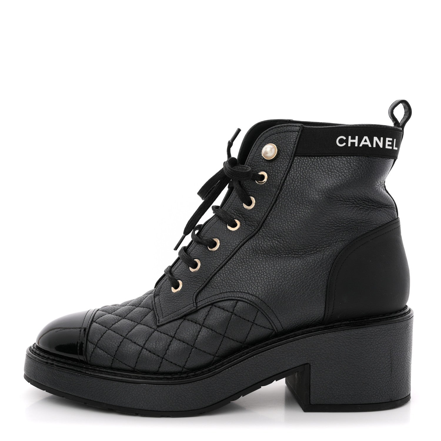 Chanel Pearly Calfskin Patent Calfskin Lace Up Combat Boots 40 Black 1 of 11