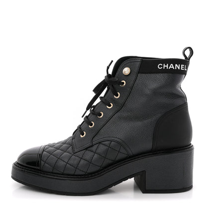 Chanel Pearly Calfskin Patent Calfskin Lace Up Combat Boots 40 Black 1 of 11