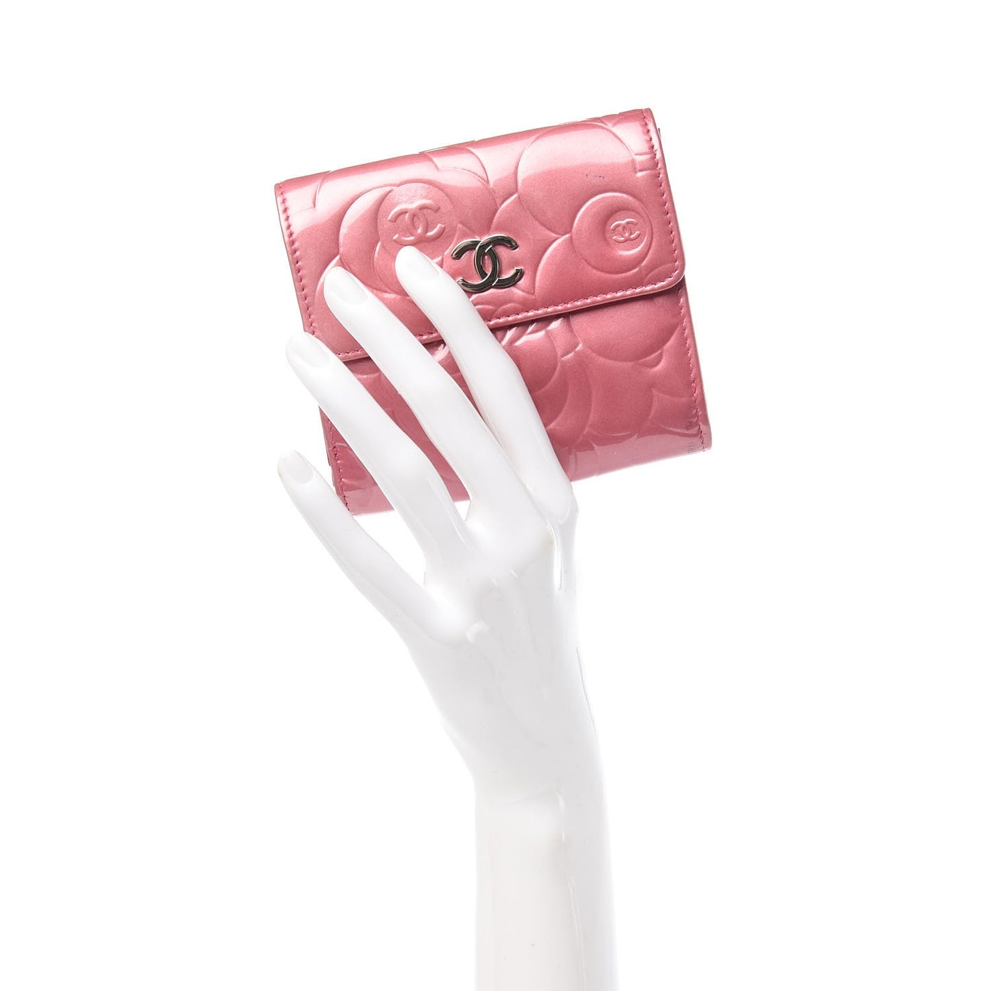 Patent Embossed Camellia French Wallet Pink
