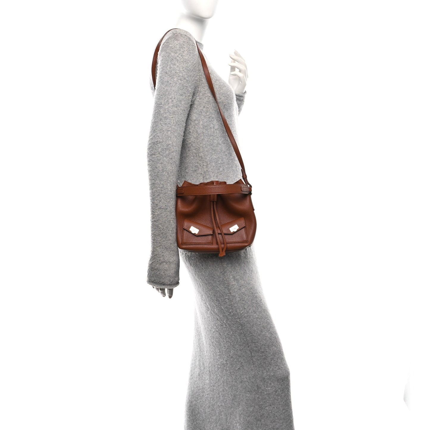 Hammered Calfskin Multipocket Bucket Bag Cognac