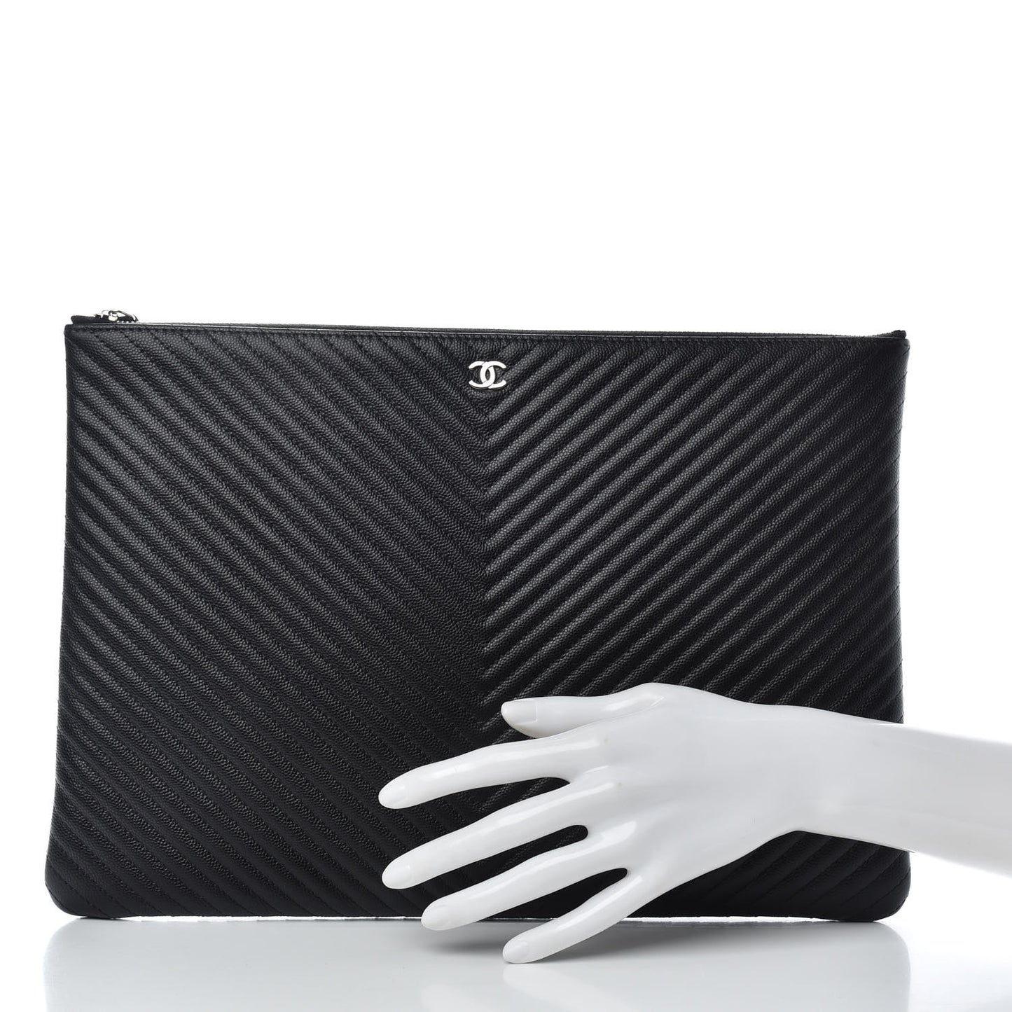 Caviar Chevron Quilted Large Cosmetic Case Black