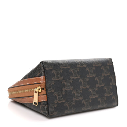 Celine Lambskin Triomphe Canvas Embroidered Logo Clutch With Chain Tan 4 of 8