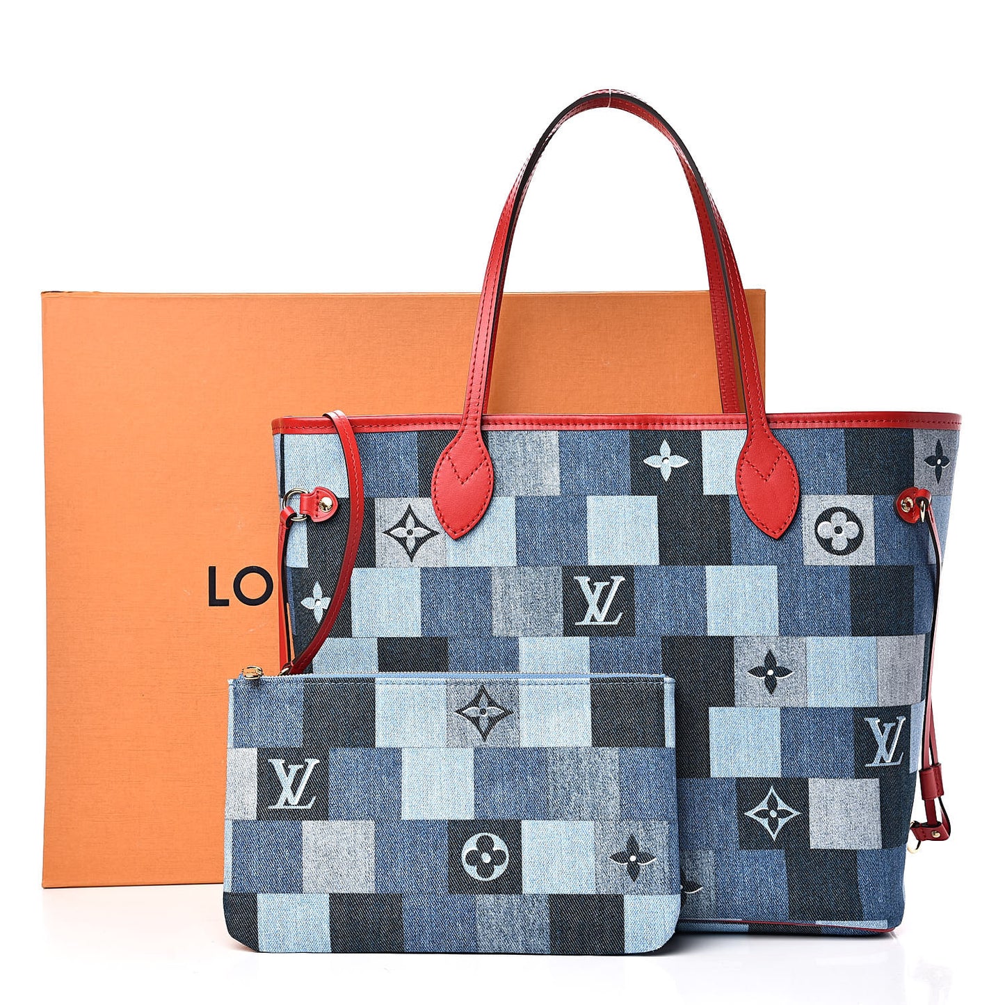 Denim Damier Monogram Patchwork Neverfull Blue Rouge