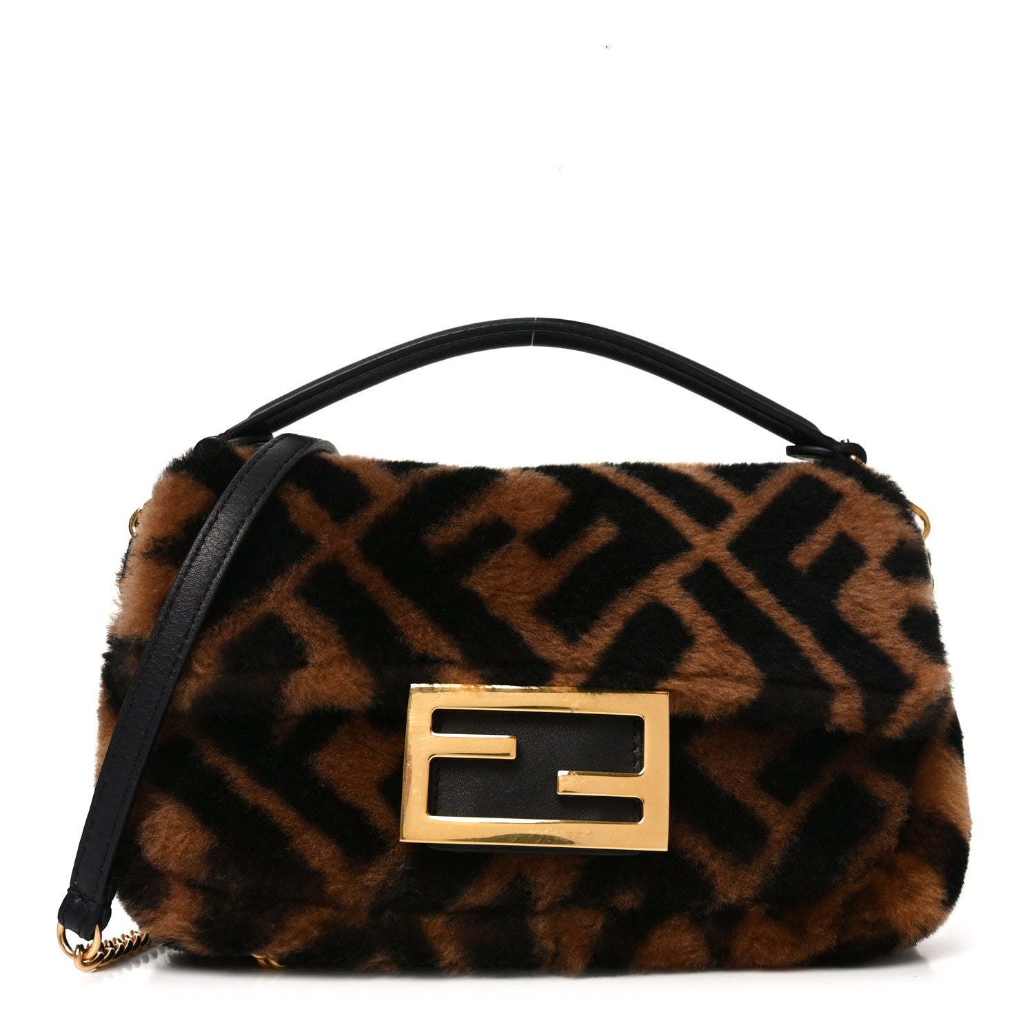 Fendi Shearling Vitello Dolce Macro FF 1974 Mini Baguette Tobacco Black 1 of 10