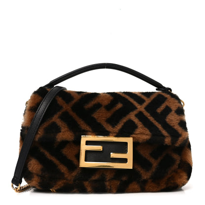 Fendi Shearling Vitello Dolce Macro FF 1974 Mini Baguette Tobacco Black 1 of 10