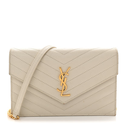 Saint Laurent Grain De Poudre Matelasse Chevron Monogram Envelope Chain Wallet Crema Soft 1 of 13