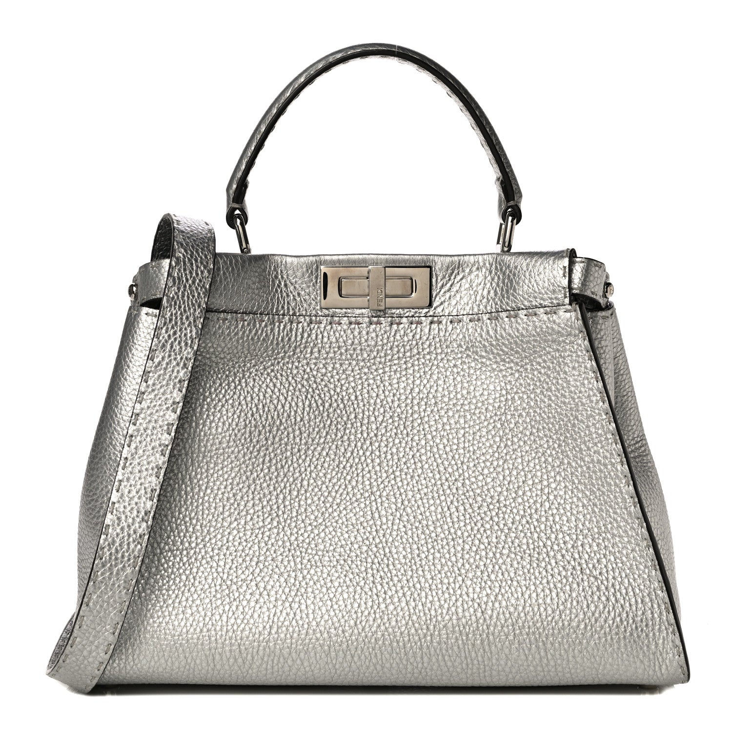 Fendi Cuoio Romano Lux Selleria Medium Peekaboo Iconic Satchel Argento 1 of 11