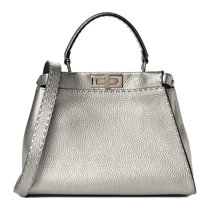 Fendi Cuoio Romano Lux Selleria Medium Peekaboo Iconic Satchel Argento 1 of 11