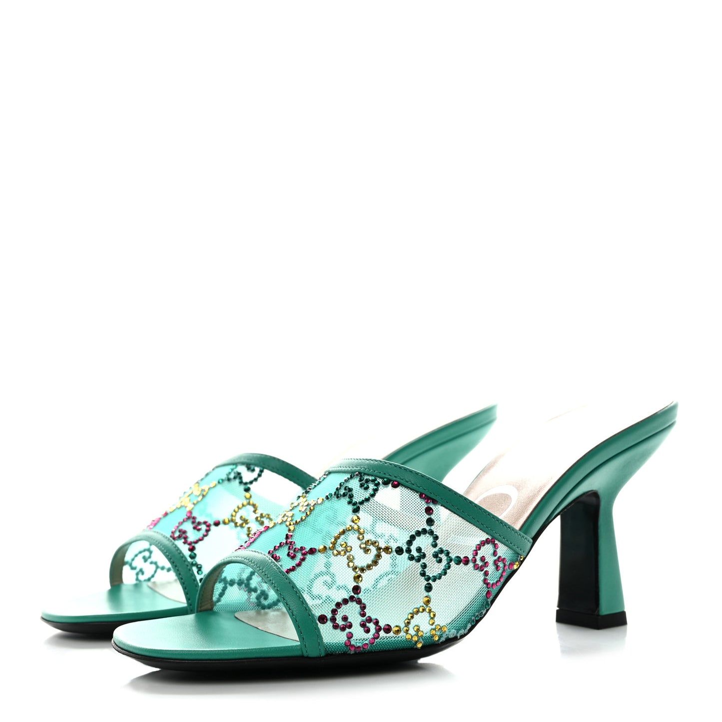 Tela Retino Nappa Crystal GG Monogram Square G 95mm Slide Sandals 37 Turquoise