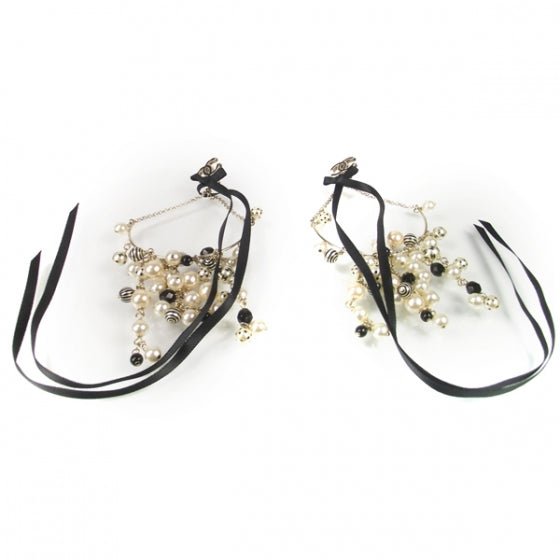 CC Pearl Hoop Ribbon Earrings Black White