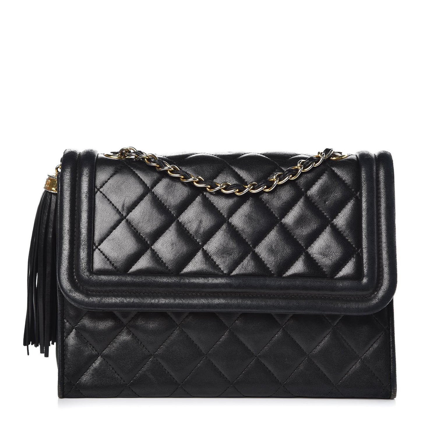 Lambskin Quilted Tassel Shoulder Flap Bag Black