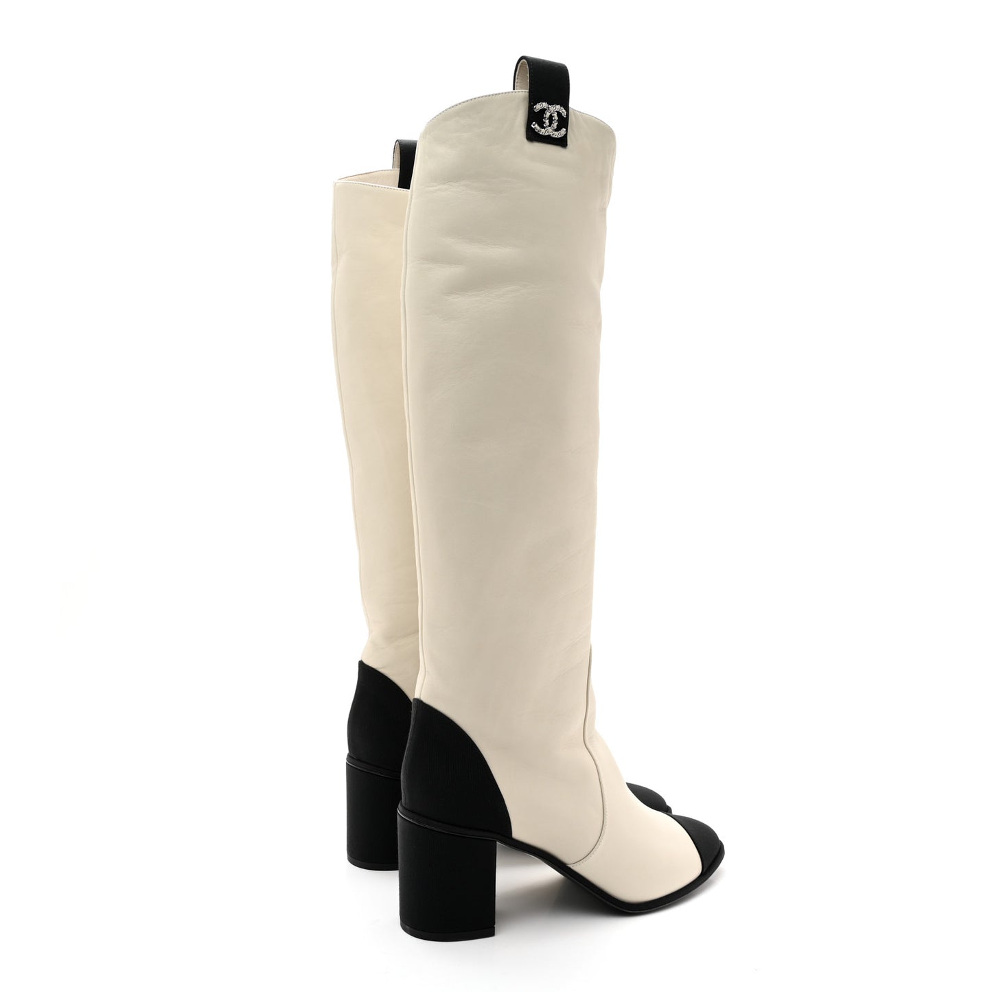 Calfskin Grosgrain Cap Toe Knee High Boots 39.5 White Black