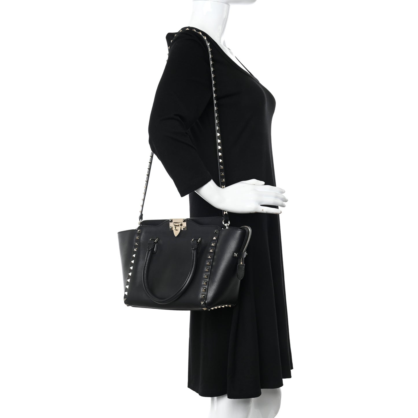 Vitello Small Rockstud Double Handle Tote Black