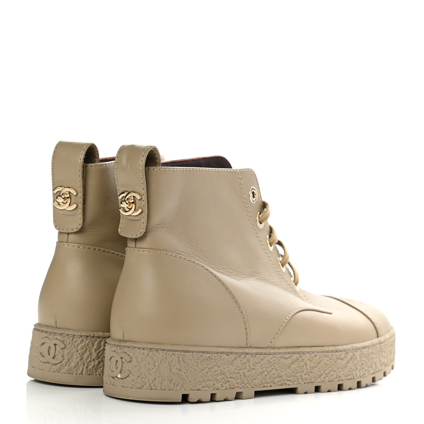 Calfskin CC Turnlock Lace Up Boots 41 Beige