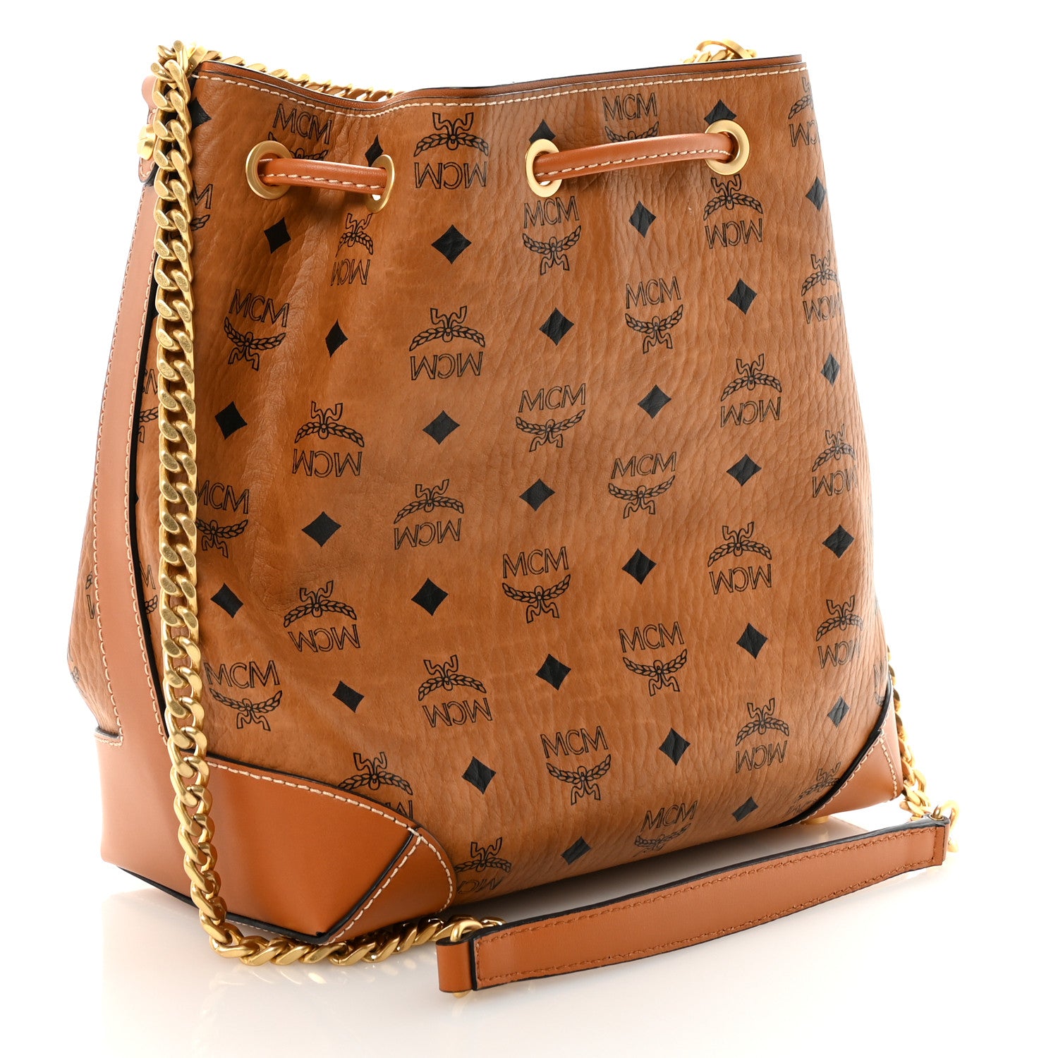 MCM Visetos Small Soft Berlin Drawstring Bucket Bag Cognac 3 of 9