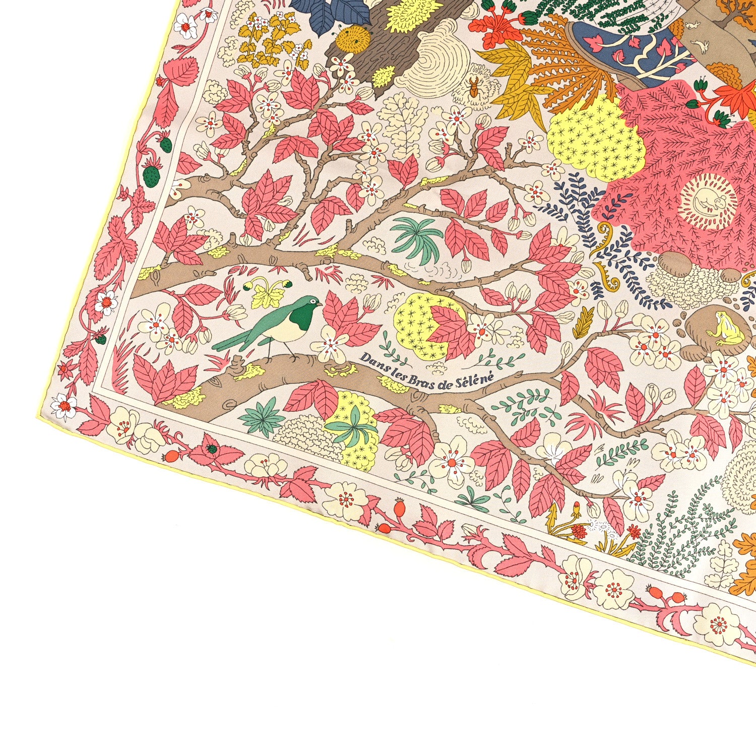 Hermes Silk Dans Les Bras De Selene Scarf 90 Vert Jaune Corail 2 of 5