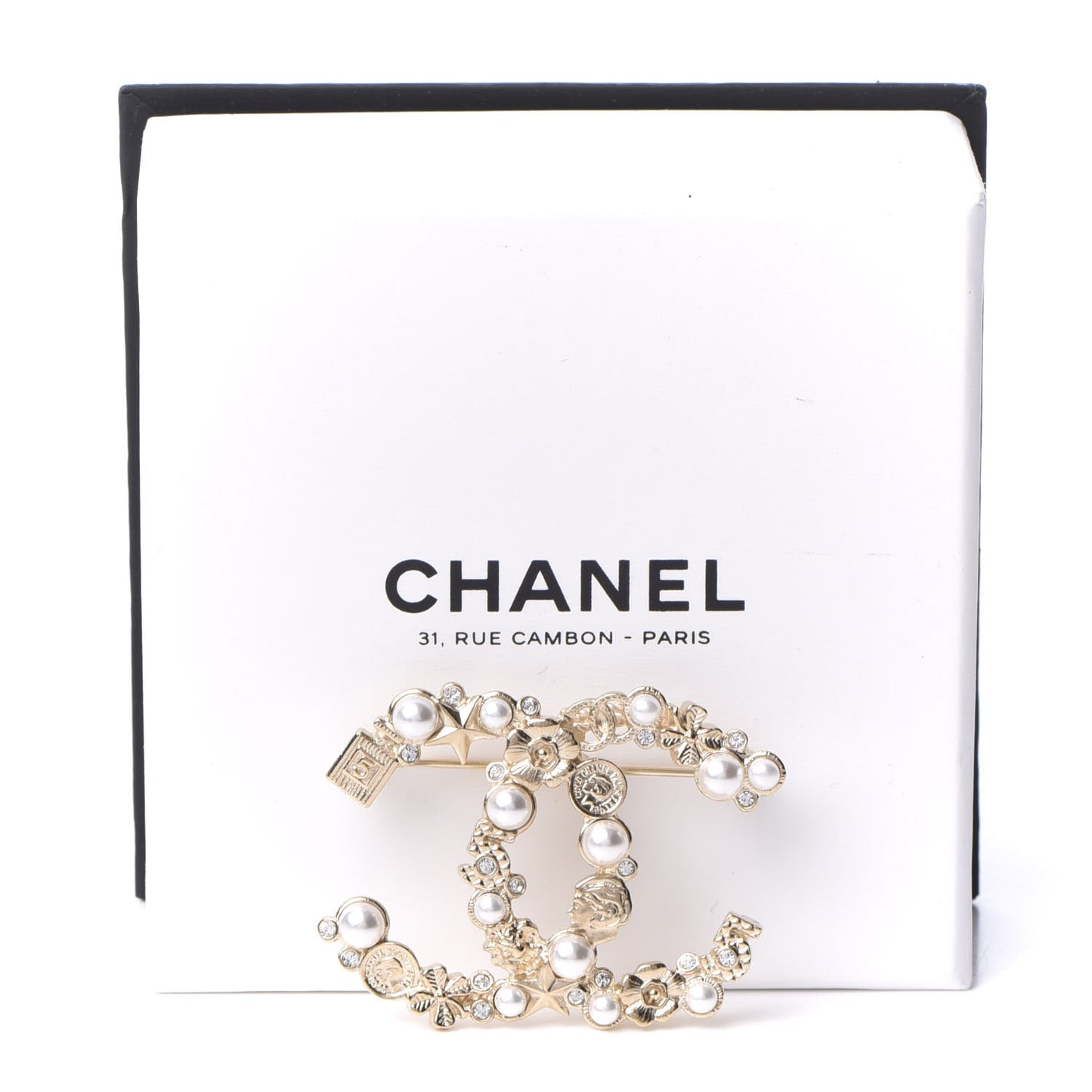 Crystal Pearl CC Charms Brooch Gold