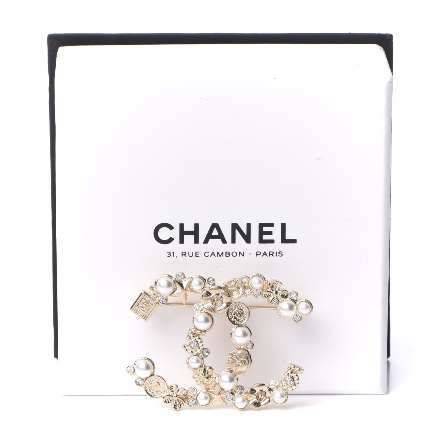 Chanel Crystal Pearl CC Charms Brooch Gold 3 of 3