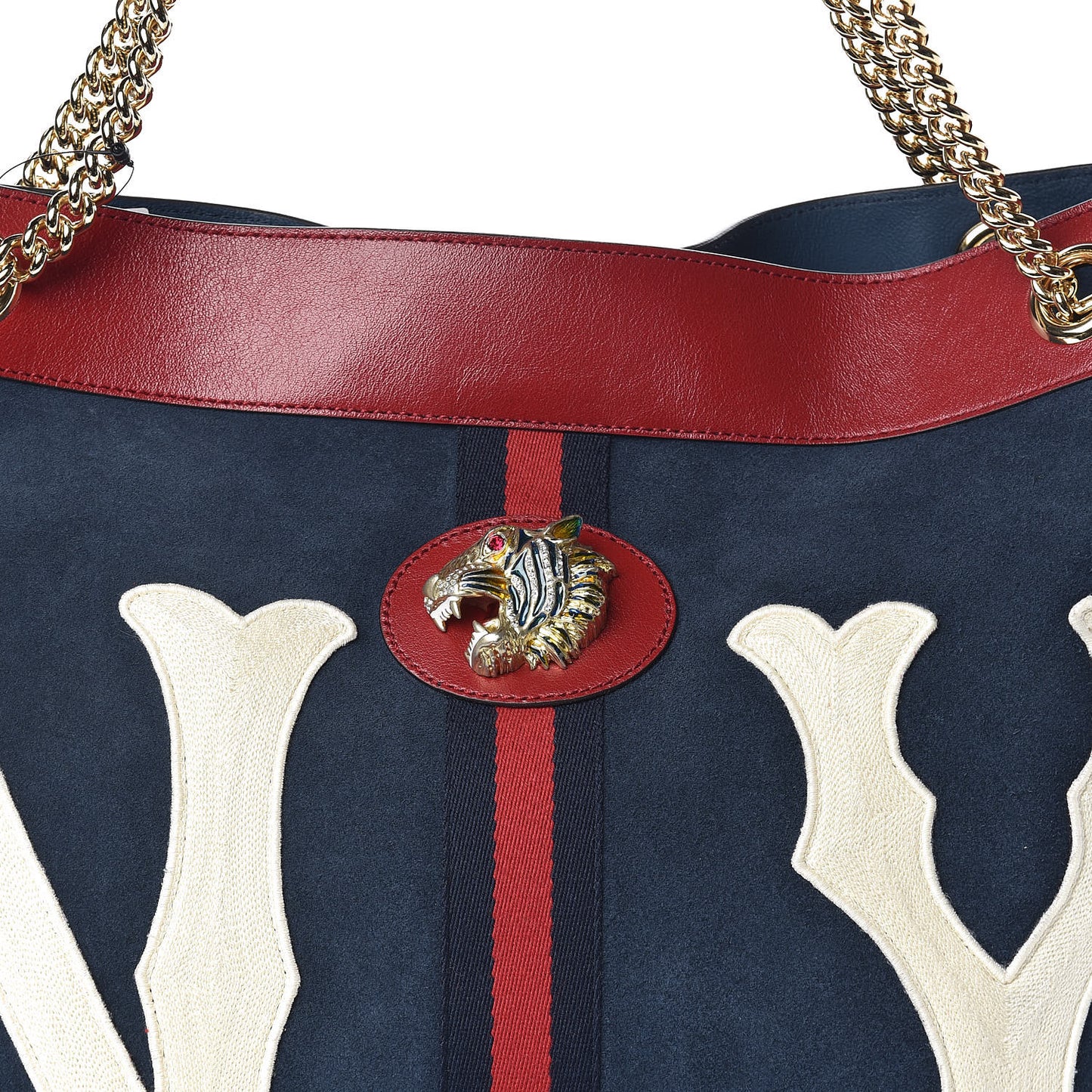 X MLB Suede Calfskin NY Yankees Large Rajah Chain Tote New Blue Romantic Cherry
