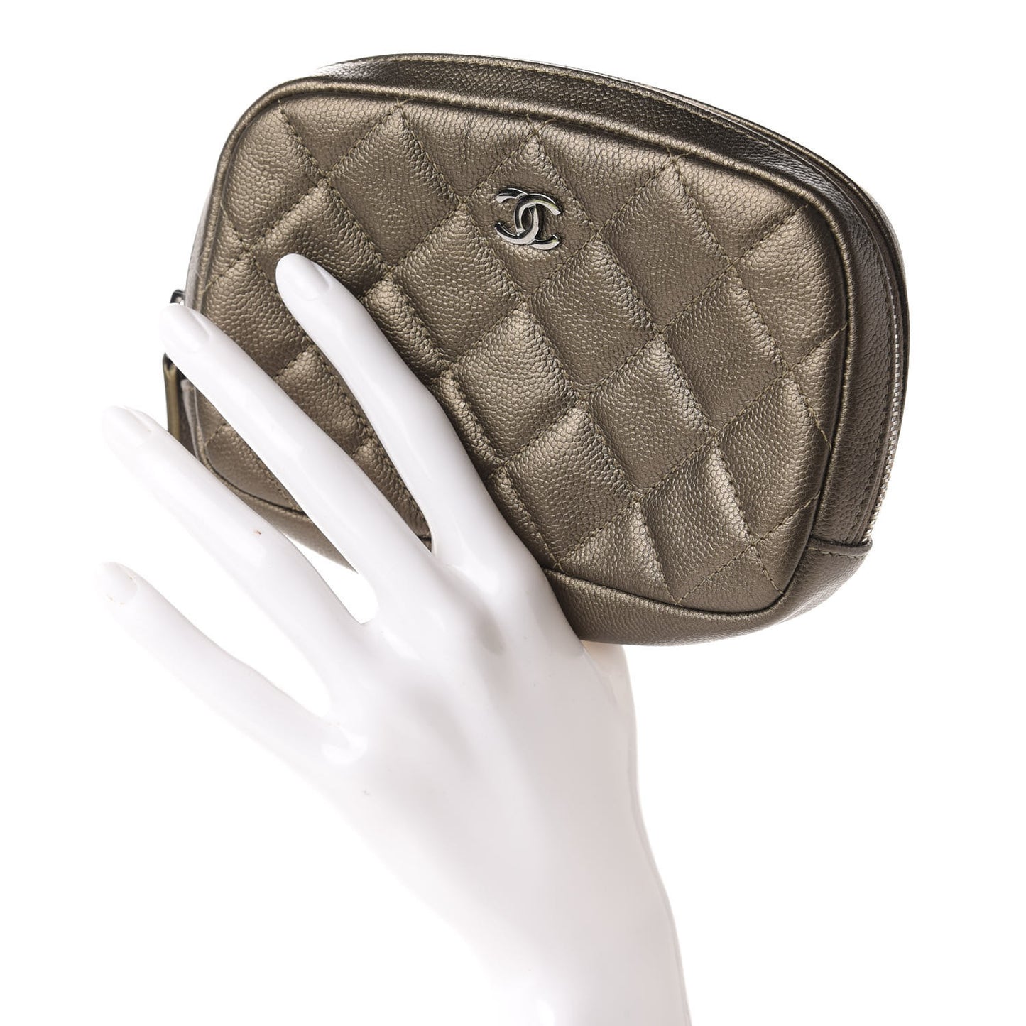 Metallic Caviar Quilted Small Curvy Pouch Cosmetic Case Bronze